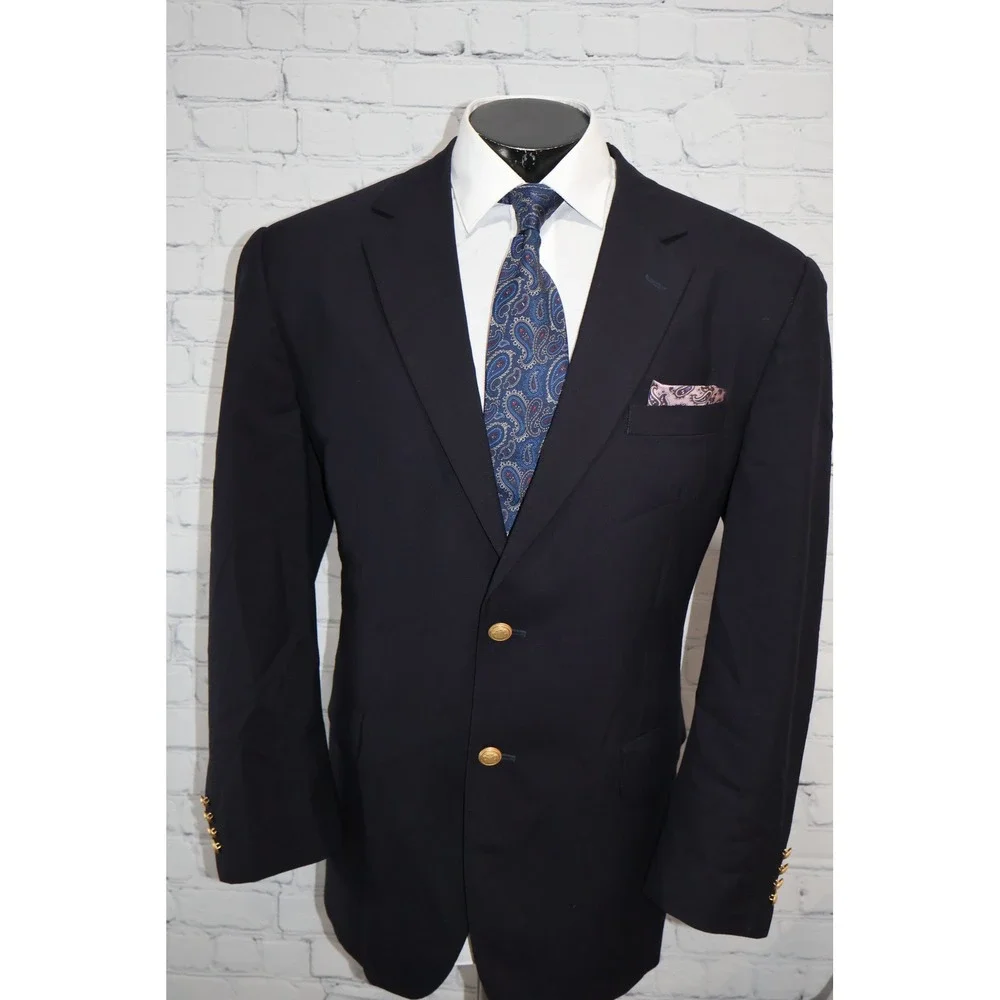 Jos. A. Bank Blazer Jacket Mens 44R Navy Blue 2-Button Gold Crest Buttons Wool